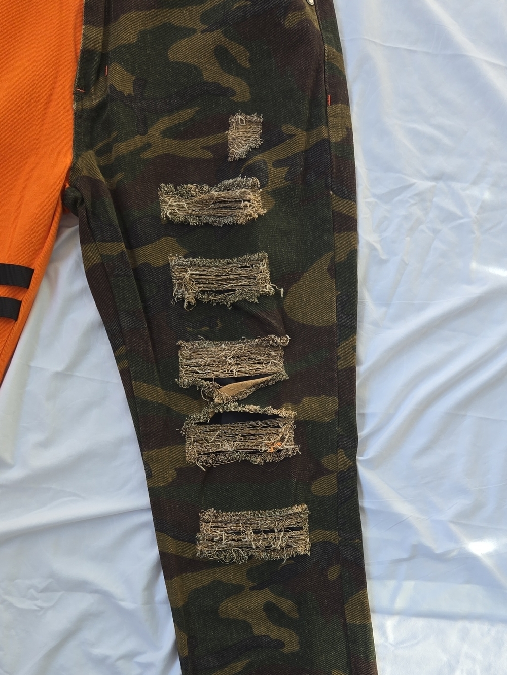 Men's Funky Jeans 2 Tone, One Leg Orange, Other Leg Green Camo Front/Back, - Picture 6 of 9